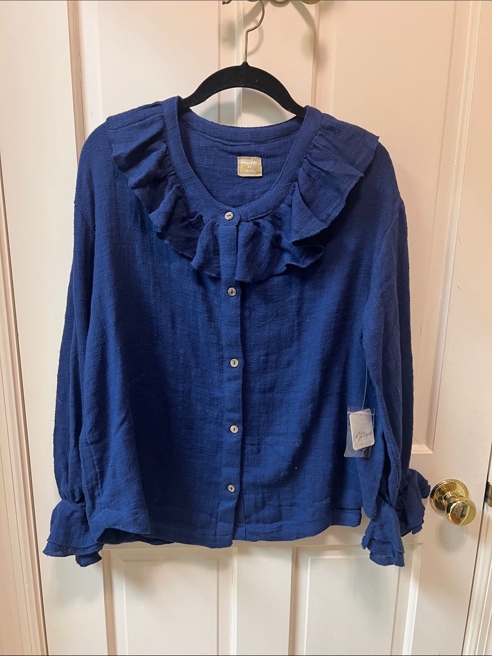 Free People Blue Ruffle Collar Button-Front Blouse